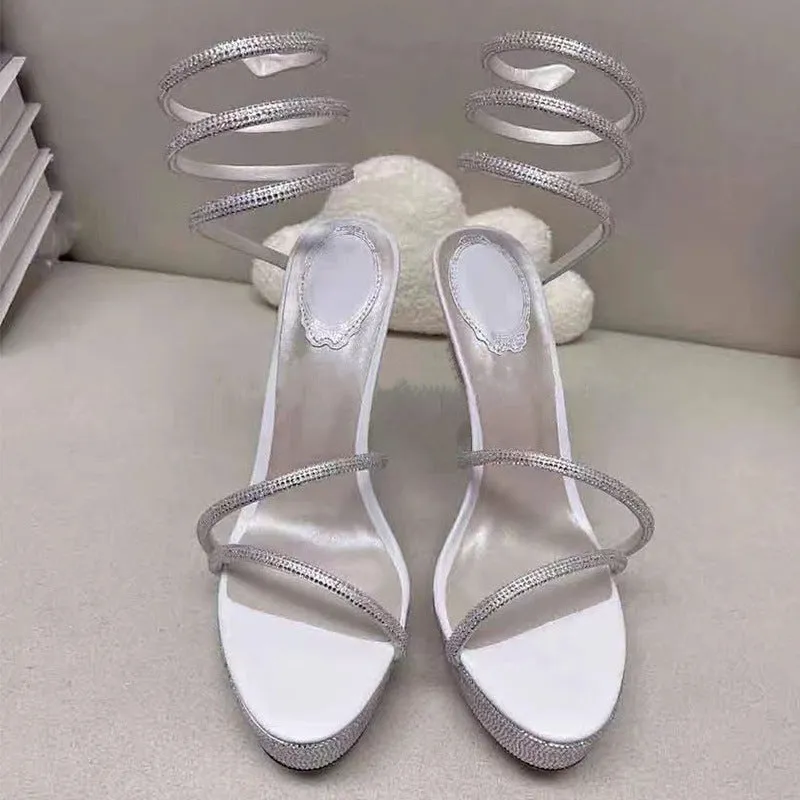 Aquatic Glamour Serpentine Straps Crystal-Embellished Stiletto Sandals