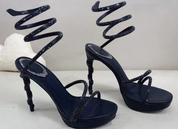 Aquatic Glamour Serpentine Straps Crystal-Embellished Stiletto Sandals