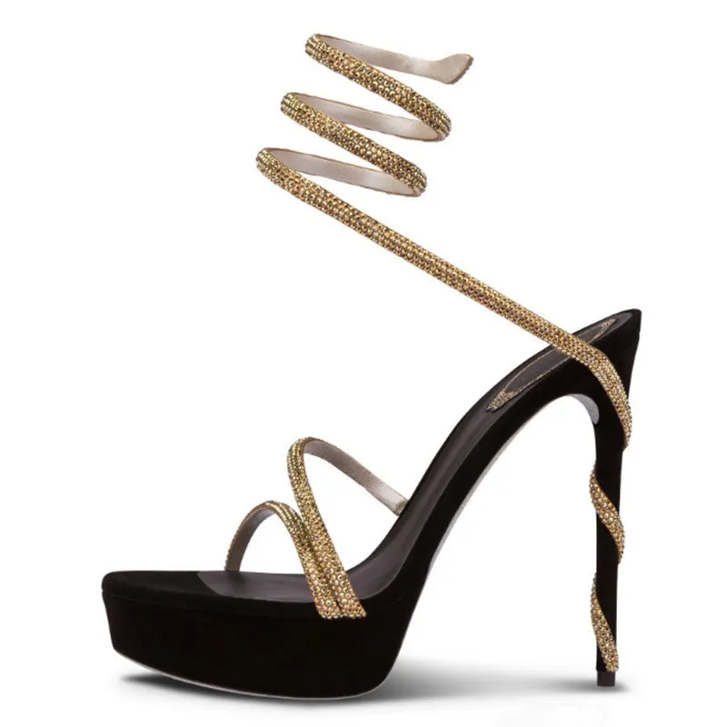 Aquatic Glamour Serpentine Straps Crystal-Embellished Stiletto Sandals