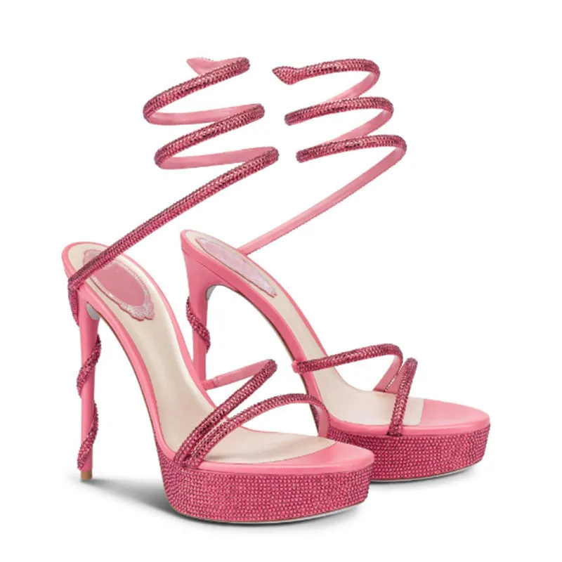Aquatic Glamour Serpentine Straps Crystal-Embellished Stiletto Sandals