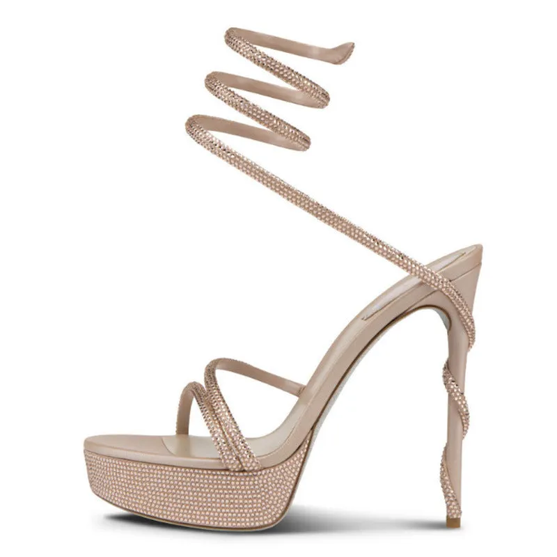 Aquatic Glamour Serpentine Straps Crystal-Embellished Stiletto Sandals
