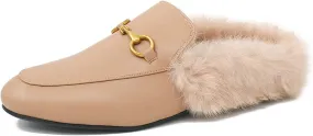 Arqa Fur Mules for Women Comfortable Leather Buckle Mule Flats Furry Padded Backless Loafers Casual Slides Shoes