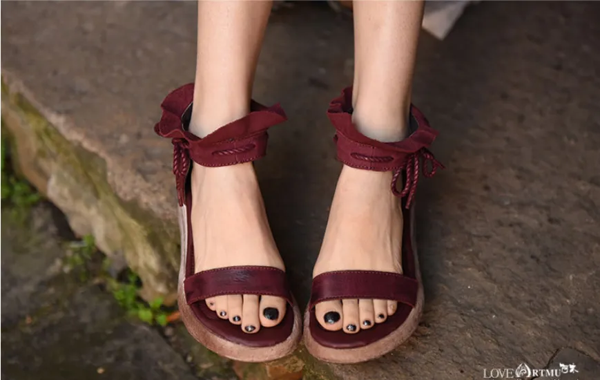 ARTMU WIDE FIT ANKLE TIE WEDGE SANDALS IN BURGUNDY