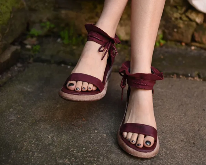 ARTMU WIDE FIT ANKLE TIE WEDGE SANDALS IN BURGUNDY
