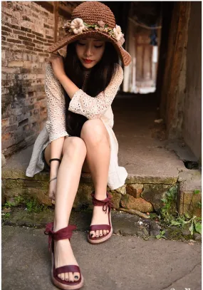 ARTMU WIDE FIT ANKLE TIE WEDGE SANDALS IN BURGUNDY