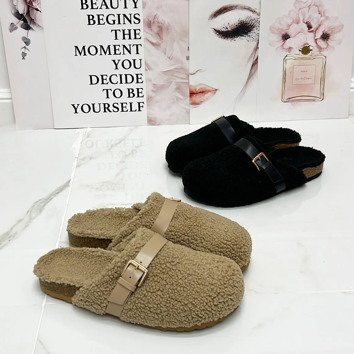 Beatrice - Scarpa Sabot Mules Donna Flat Pelliccia Tallone Scoperto Beige