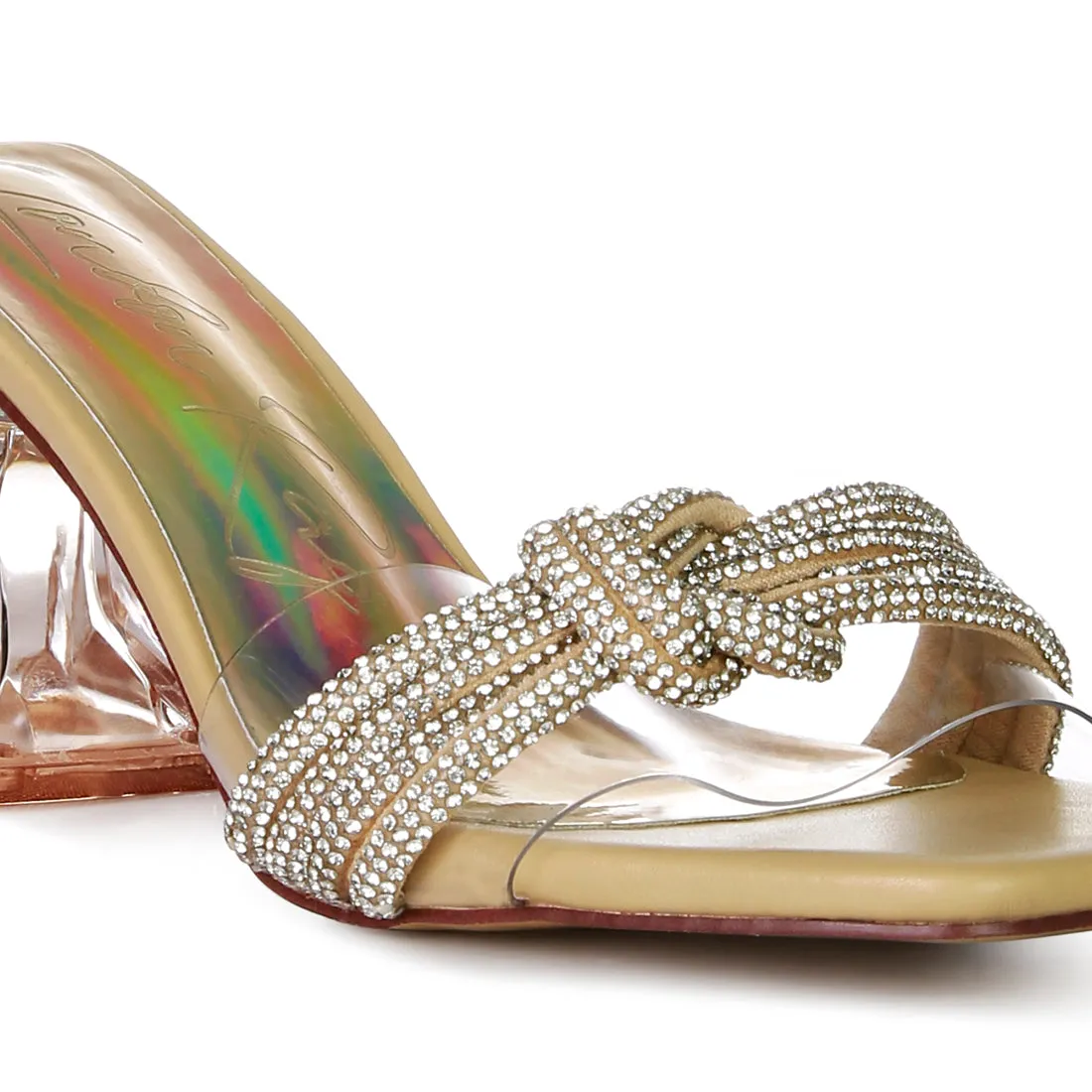 Beige Knotted Diamante Strap Spool Heel Sandals
