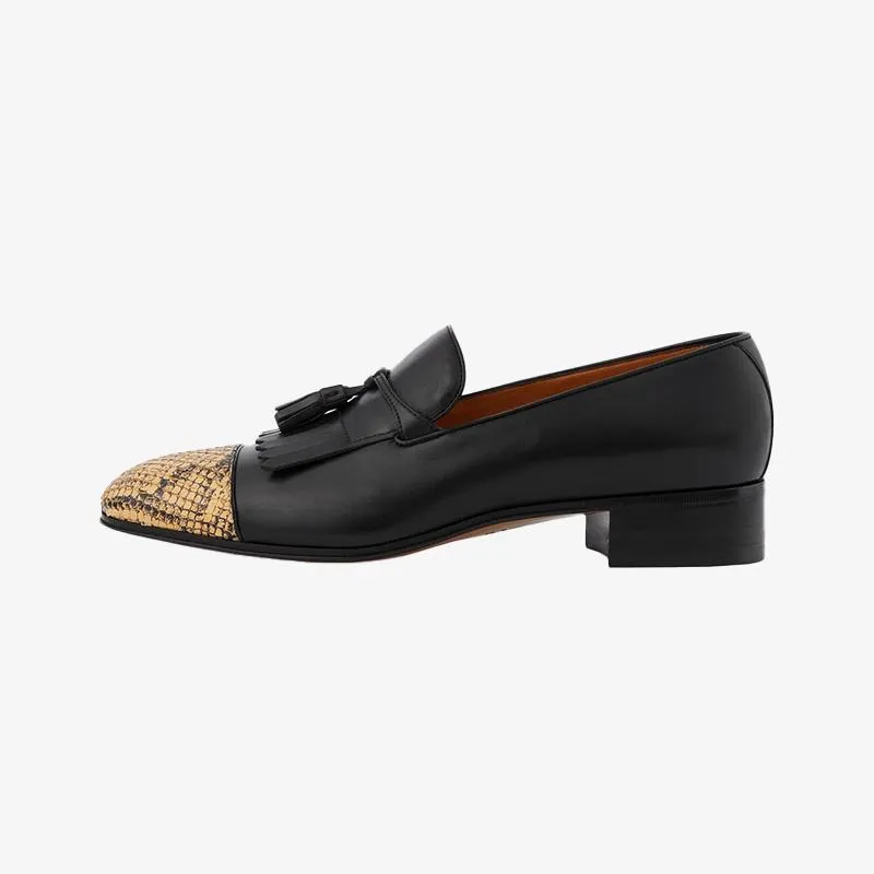 Black and Yellow Python Loafers with Fringe Detail