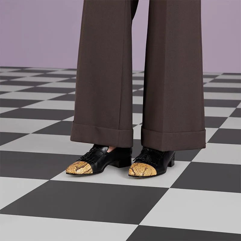 Black and Yellow Python Loafers with Fringe Detail