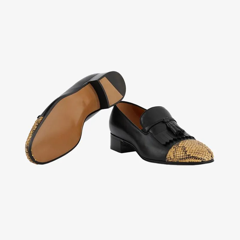 Black and Yellow Python Loafers with Fringe Detail
