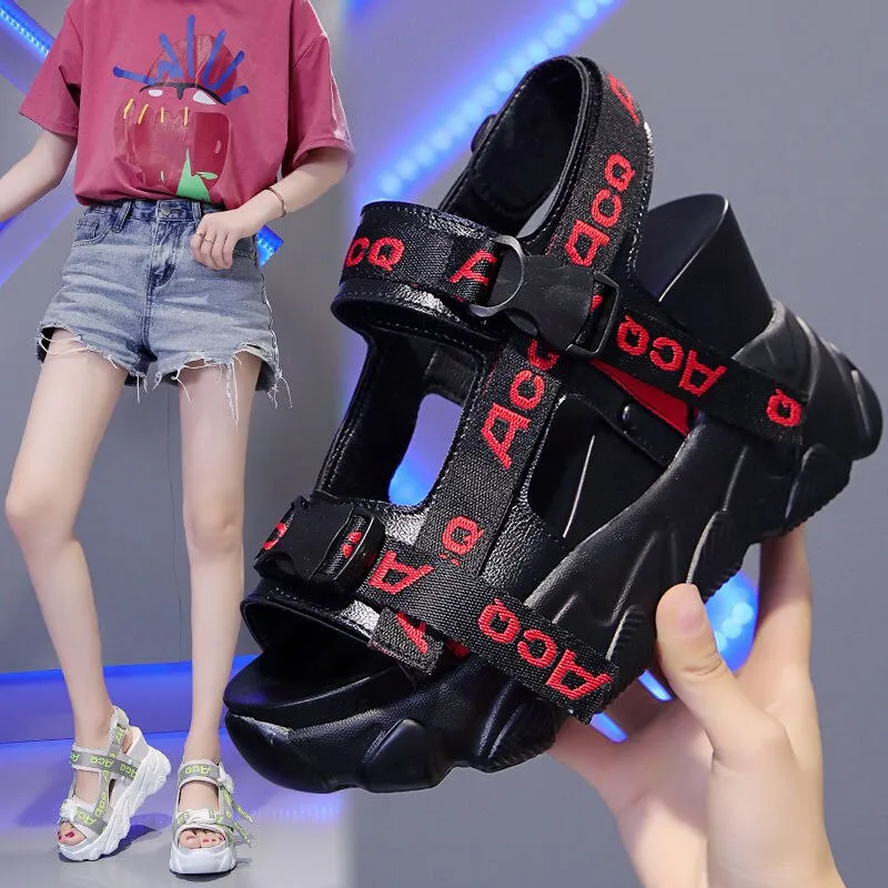 Black Letter Patchwork Buckle Strap Peep Toe Sandals Designer Light