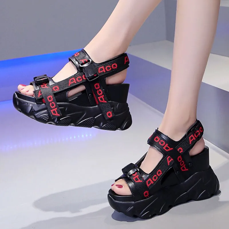 Black Letter Patchwork Buckle Strap Peep Toe Sandals Designer Light
