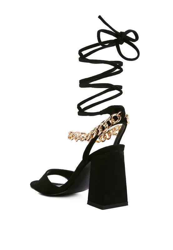 Chain Detail Tie Up Block Heel Sandals