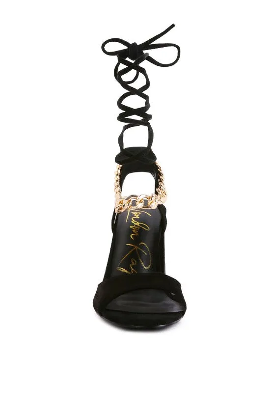 Chain Detail Tie Up Block Heel Sandals