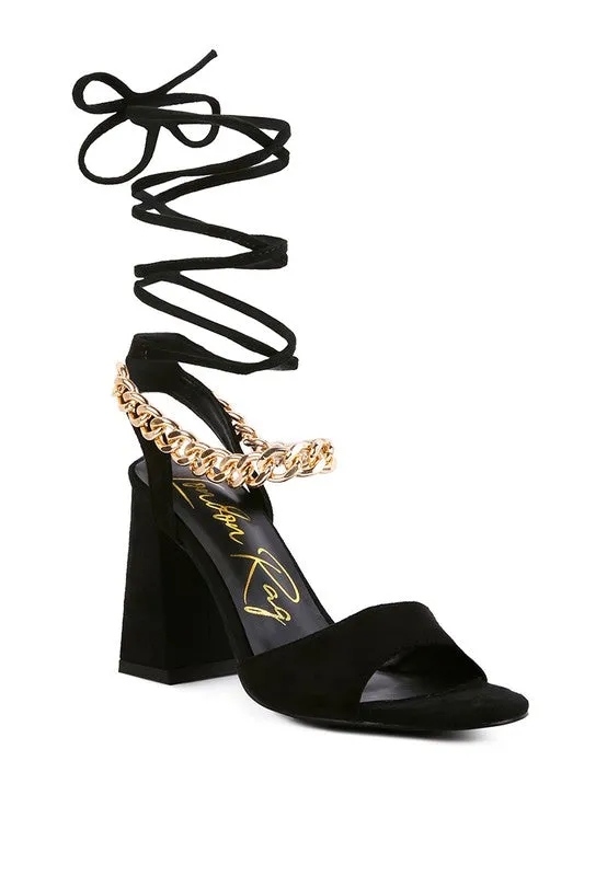 Chain Detail Tie Up Block Heel Sandals