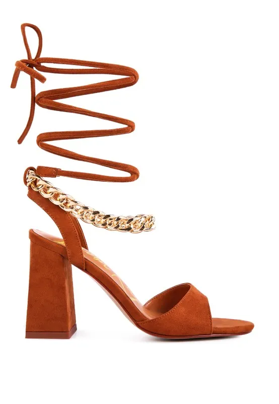 Chain Detail Tie Up Block Heel Sandals