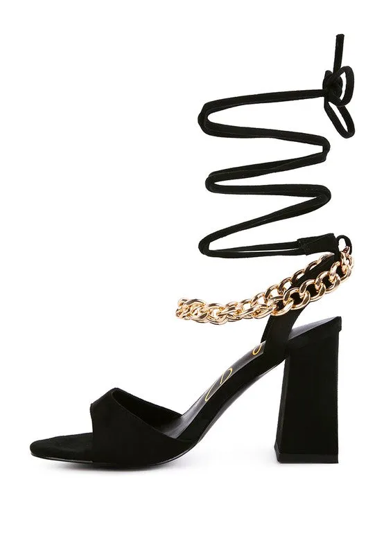 Chain Detail Tie Up Block Heel Sandals