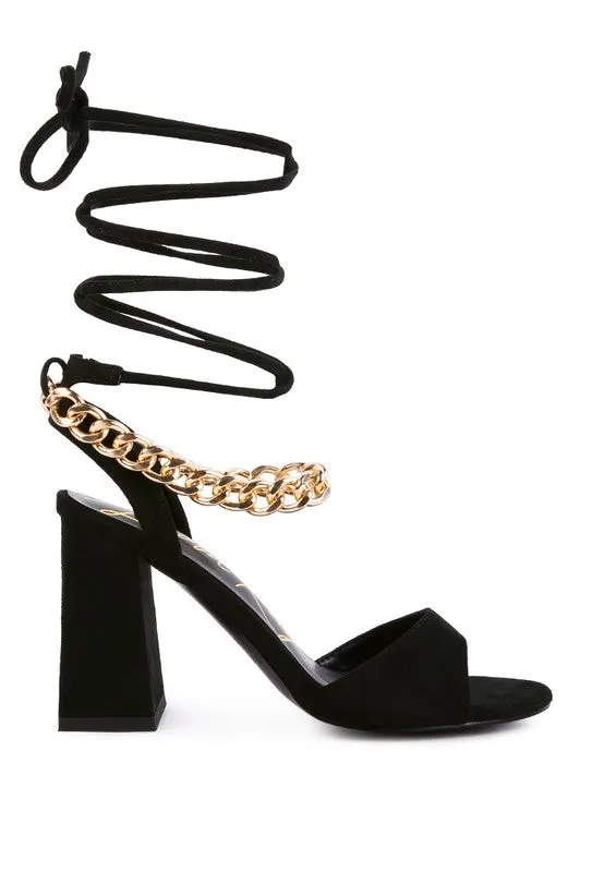 Chain Detail Tie Up Block Heel Sandals
