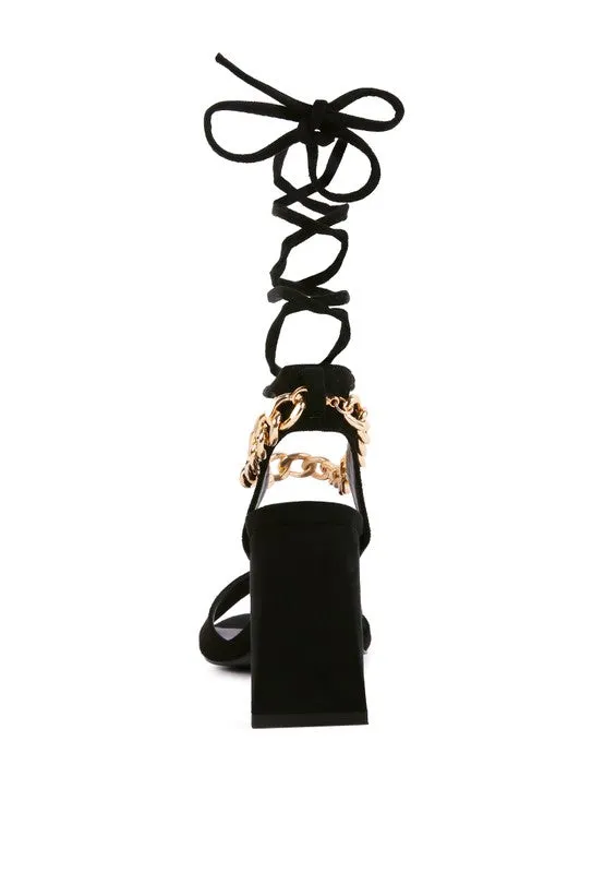 Chain Detail Tie Up Block Heel Sandals