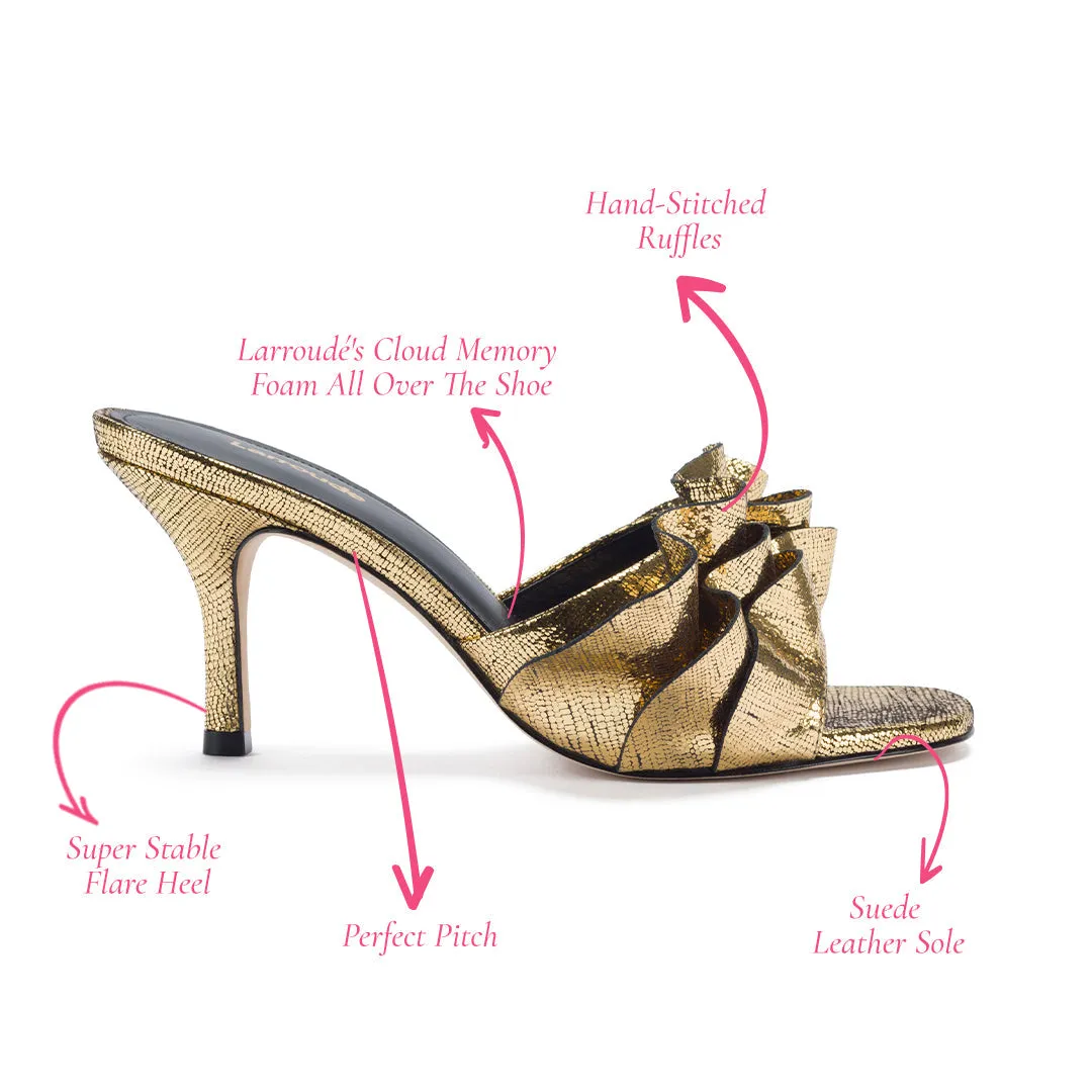 Colette Ruffle Mule In Gold Cracked Metallic Leather by Larroudé