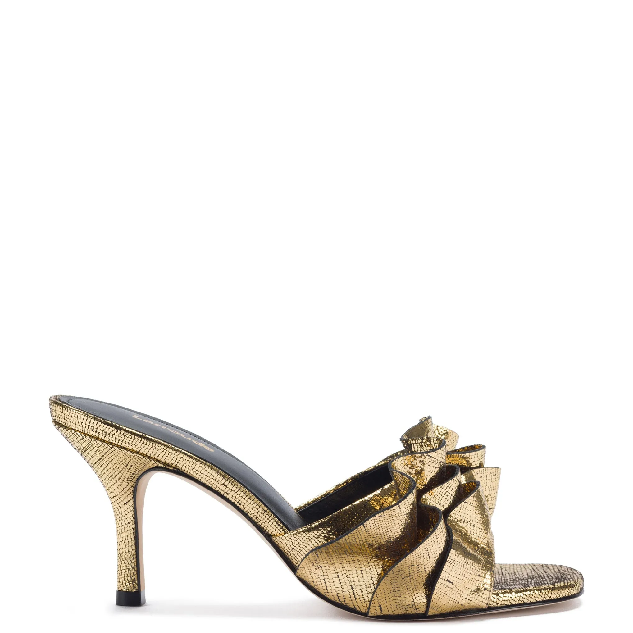 Colette Ruffle Mule In Gold Cracked Metallic Leather by Larroudé