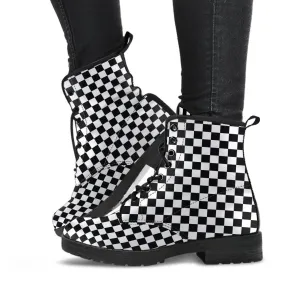 Combat Boots - B&W Checkers | Boho Shoes, Goth Boots, Gothic Boots, Handmade Lace Up Boots, Vegan Leather Lace Up Boots