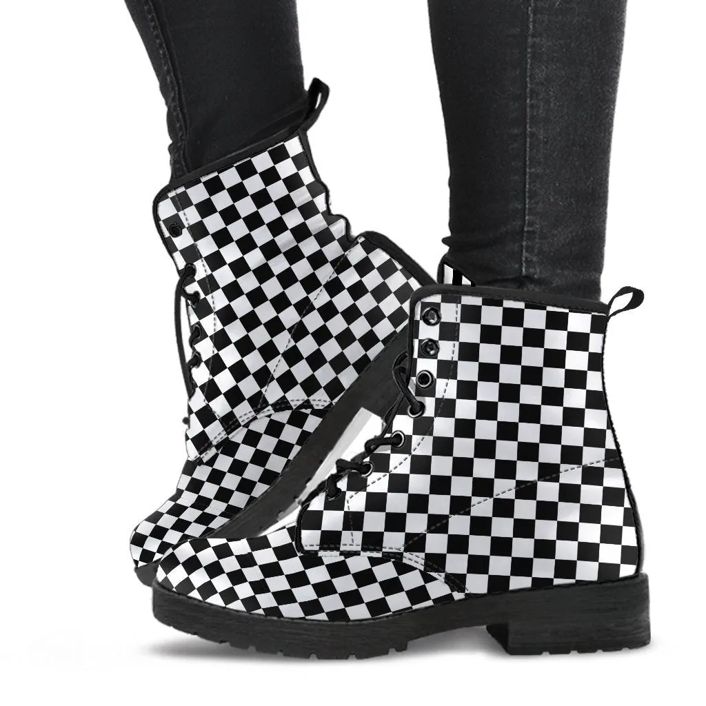 Combat Boots - B&W Checkers | Boho Shoes, Goth Boots, Gothic Boots, Handmade Lace Up Boots, Vegan Leather Lace Up Boots