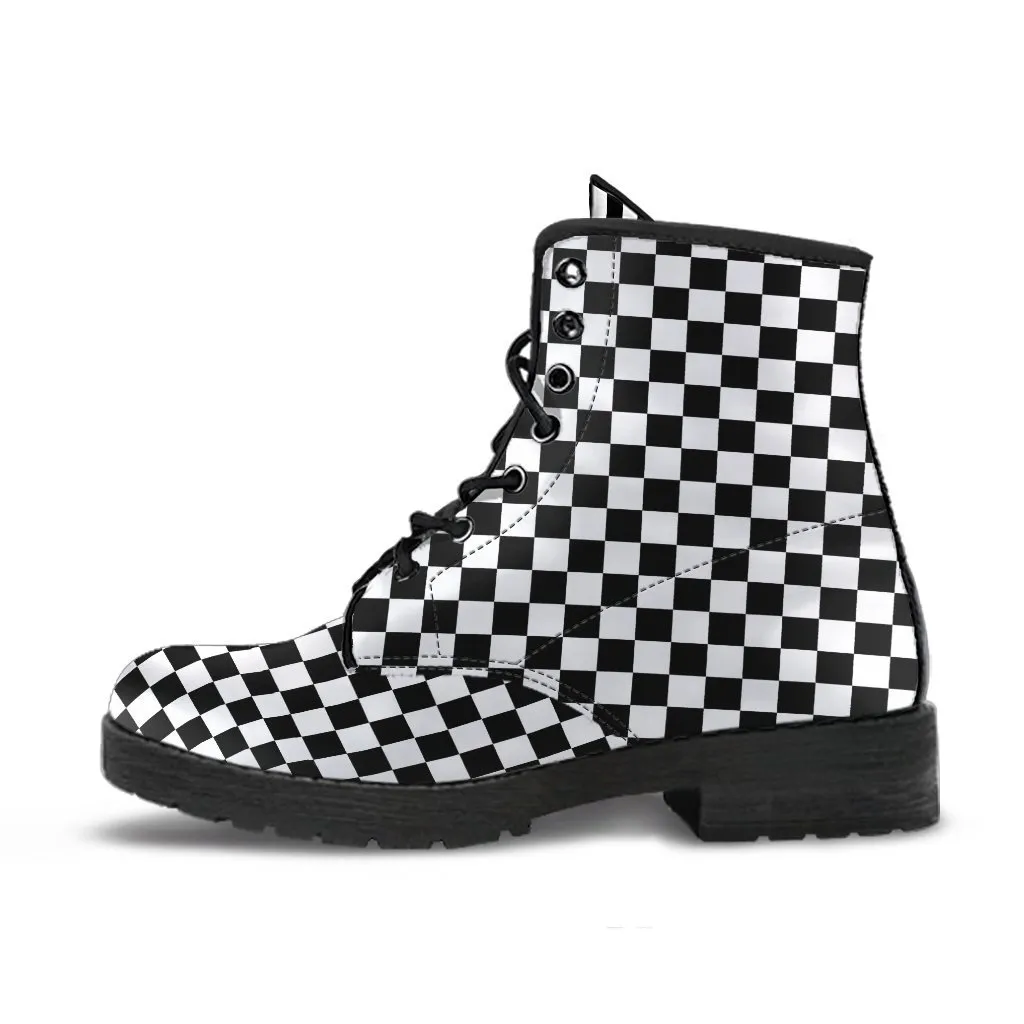 Combat Boots - B&W Checkers | Boho Shoes, Goth Boots, Gothic Boots, Handmade Lace Up Boots, Vegan Leather Lace Up Boots