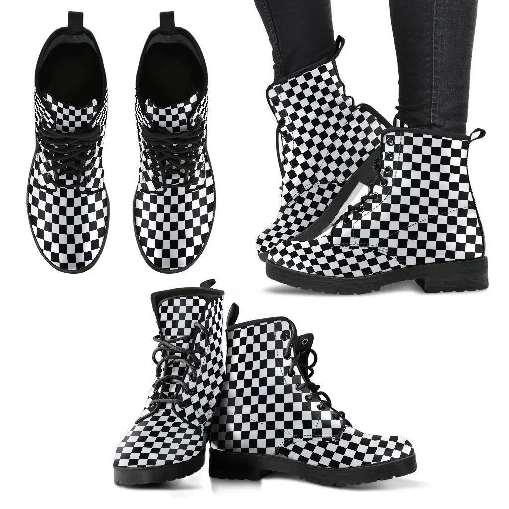 Combat Boots - B&W Checkers | Boho Shoes, Goth Boots, Gothic Boots, Handmade Lace Up Boots, Vegan Leather Lace Up Boots