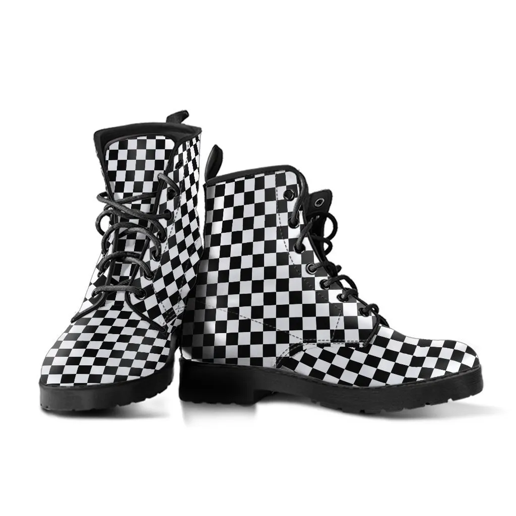 Combat Boots - B&W Checkers | Boho Shoes, Goth Boots, Gothic Boots, Handmade Lace Up Boots, Vegan Leather Lace Up Boots