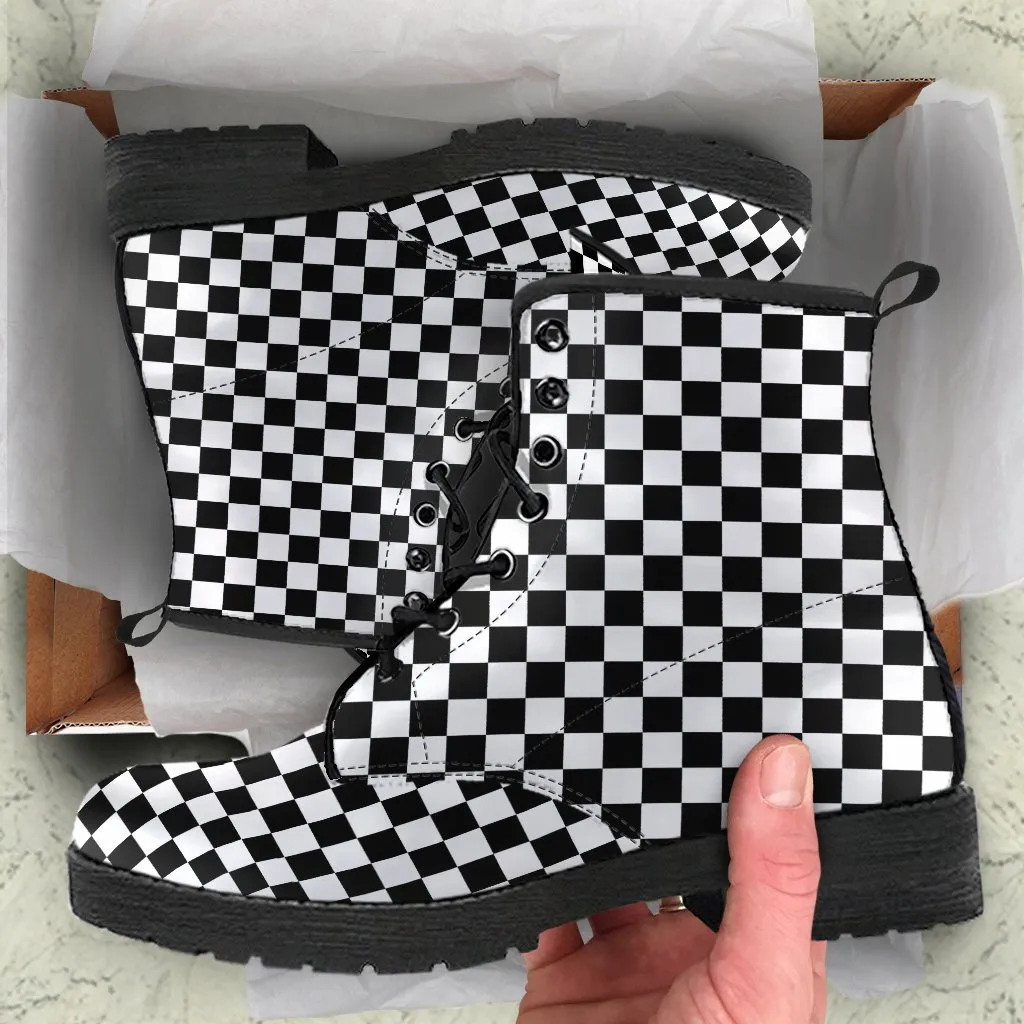 Combat Boots - B&W Checkers | Boho Shoes, Goth Boots, Gothic Boots, Handmade Lace Up Boots, Vegan Leather Lace Up Boots