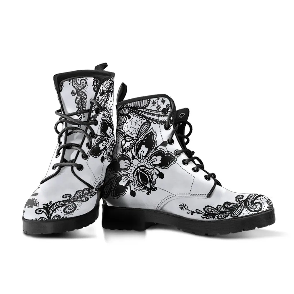 Combat Boots-Gothic Lace Print 103 White