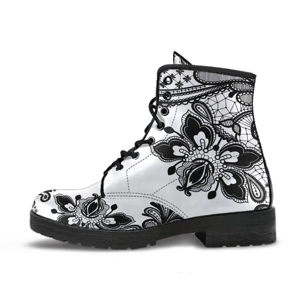 Combat Boots-Gothic Lace Print 103 White