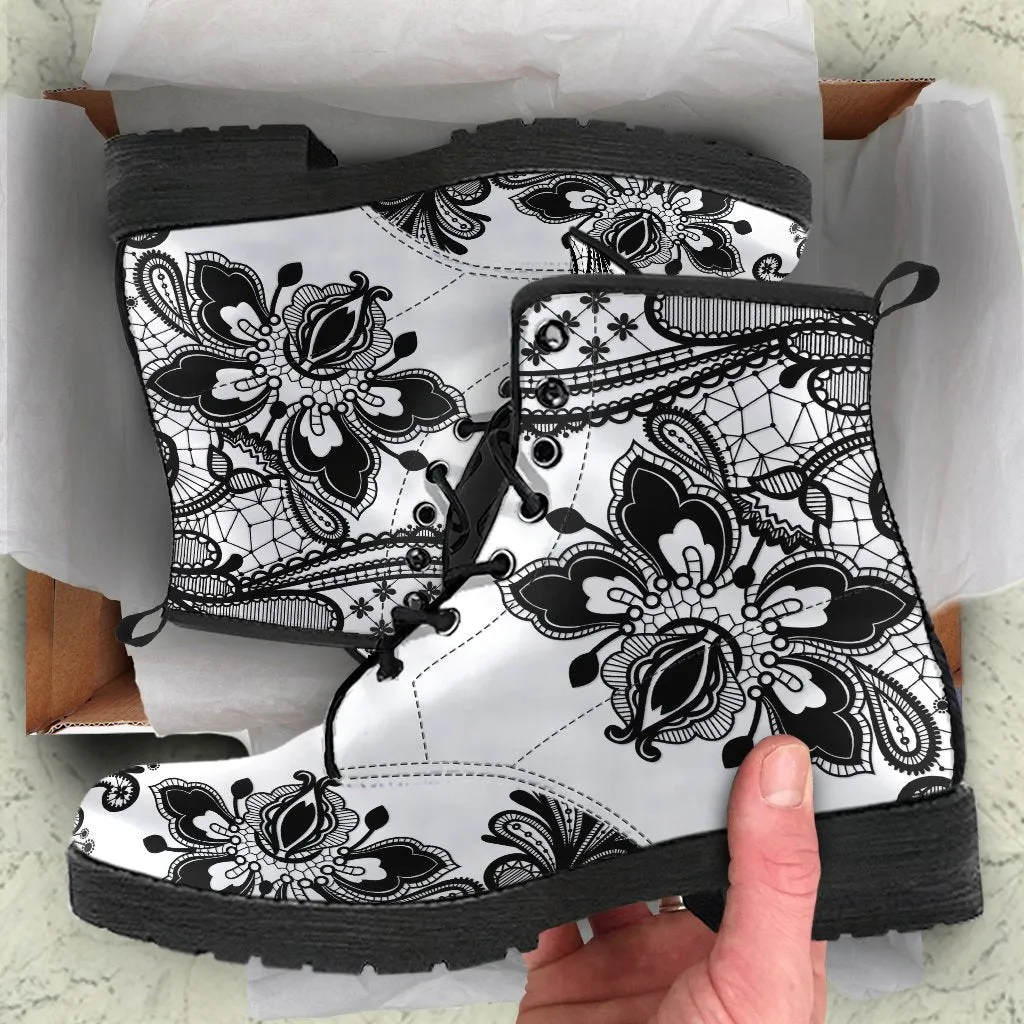 Combat Boots-Gothic Lace Print 103 White