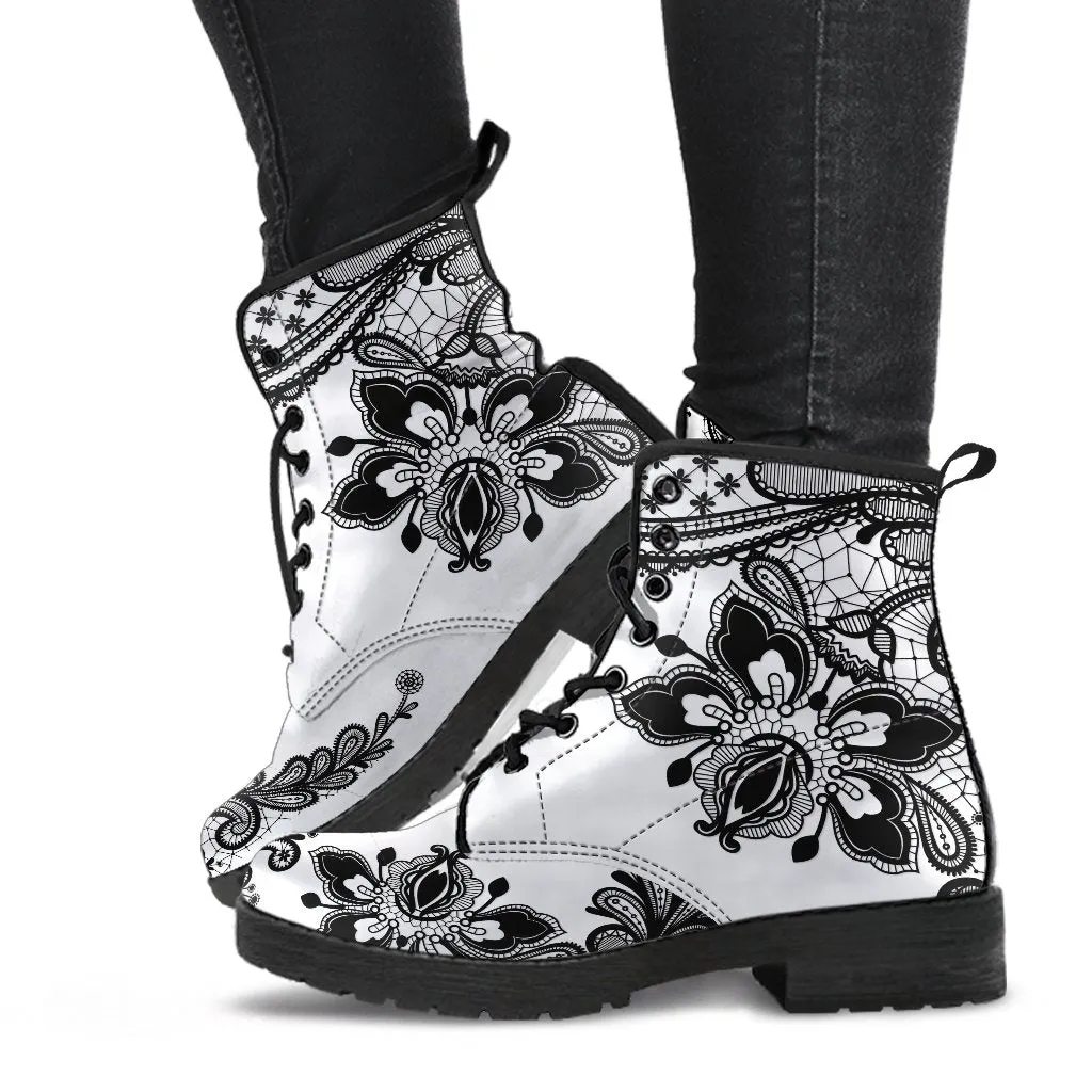 Combat Boots-Gothic Lace Print 103 White
