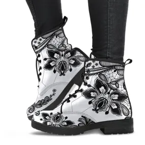 Combat Boots-Gothic Lace Print 103 White