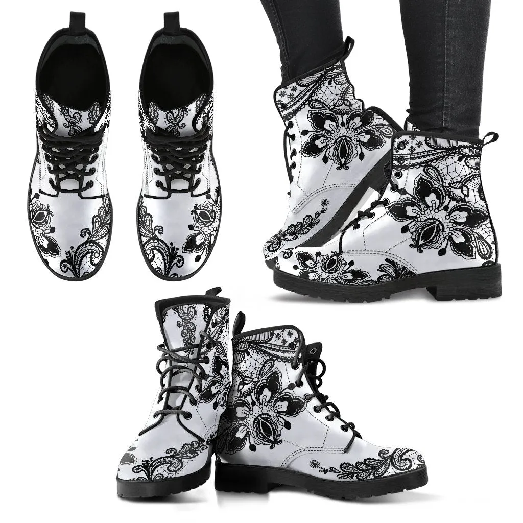 Combat Boots-Gothic Lace Print 103 White