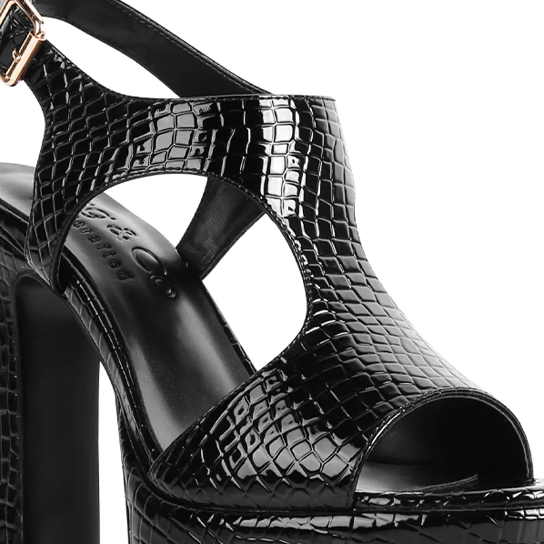 Croc High Heeled Cut Out Sandals In Black