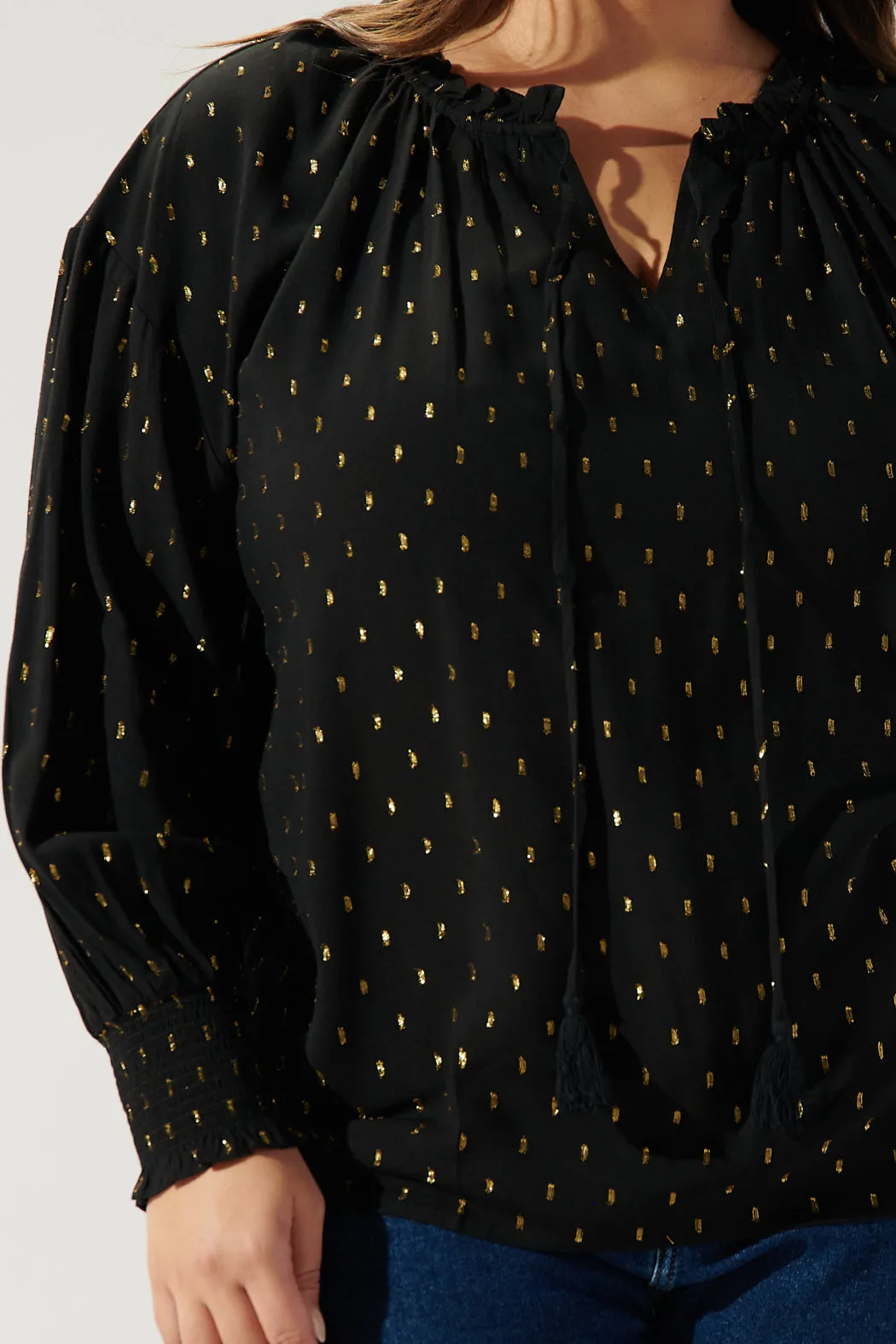 Cyra Gold Fleck Weylin Split Neck Tassel Blouse Curve