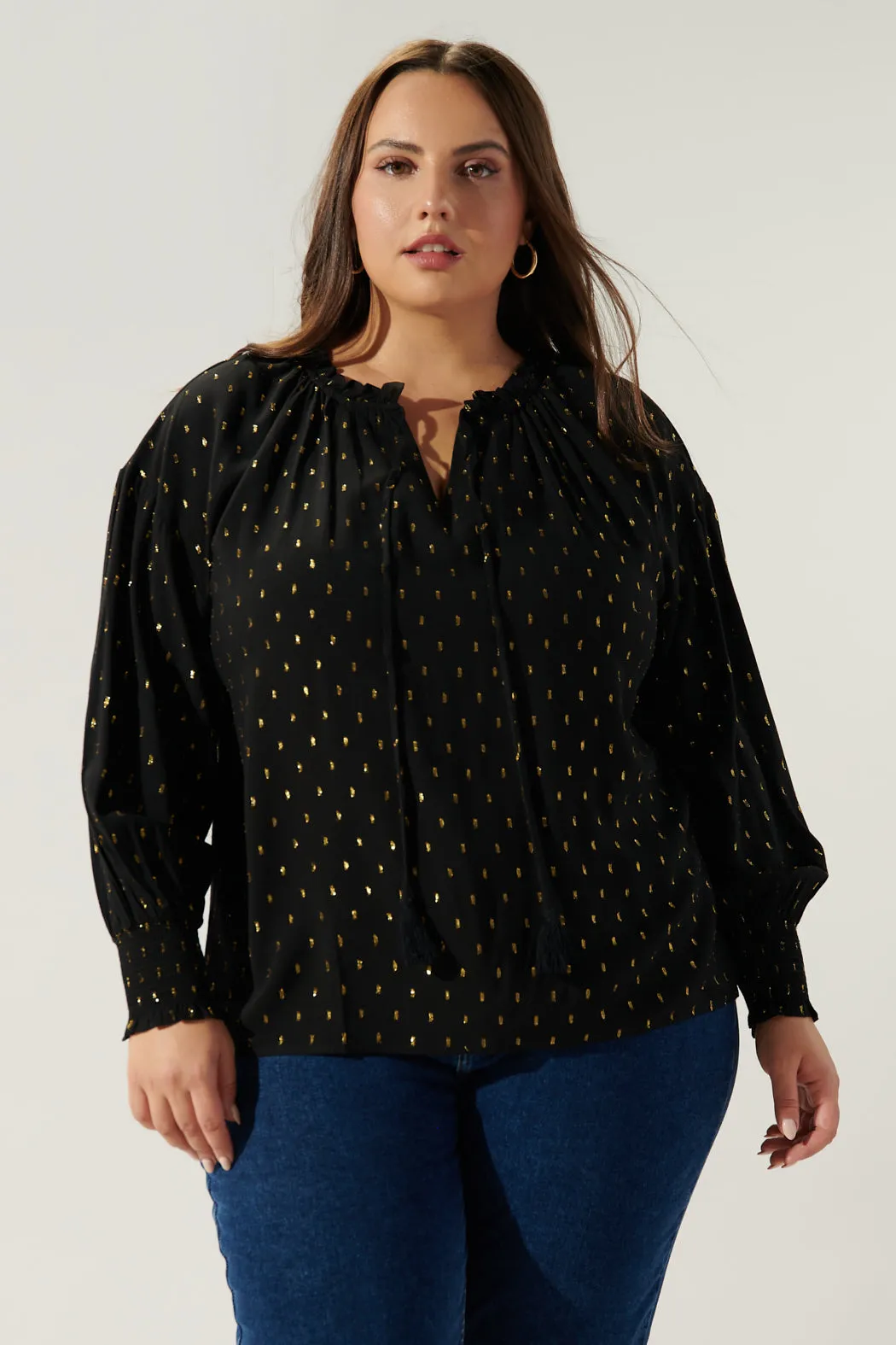 Cyra Gold Fleck Weylin Split Neck Tassel Blouse Curve