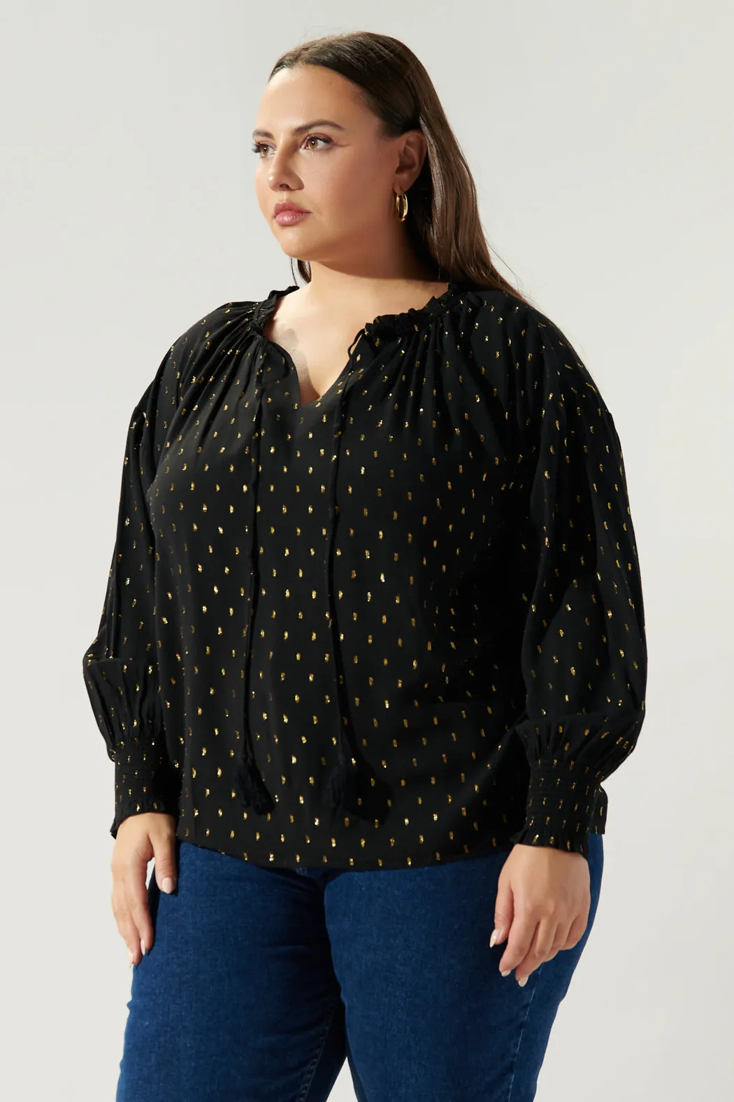 Cyra Gold Fleck Weylin Split Neck Tassel Blouse Curve