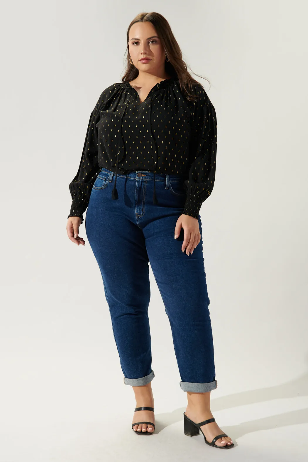 Cyra Gold Fleck Weylin Split Neck Tassel Blouse Curve
