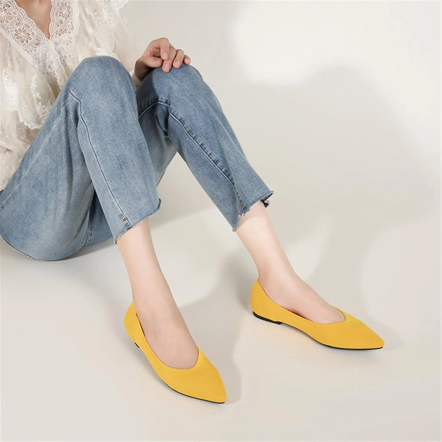 EnllerviiD Women's Flats Breathable Knit Pointed Flats Loafers Shoes,Work Flats Office Shoes Comfortable Flexible Mule Shoes Ballet Flats