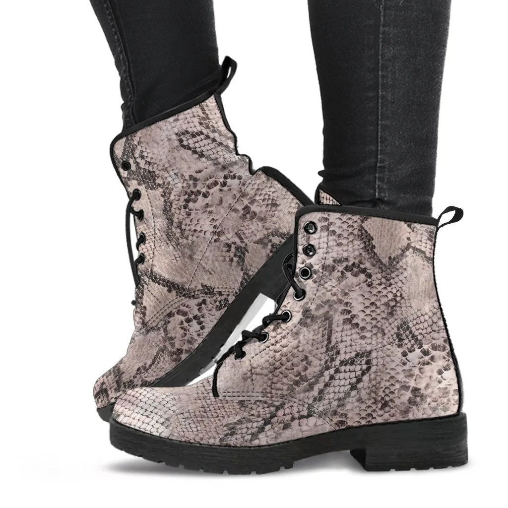 Fashion Combat Boots - Vintage Look Distressed Snake Skin Print #101 | Vegan Leather Snake Boots, Custom Shoes Women, Women's Boots, Unisex