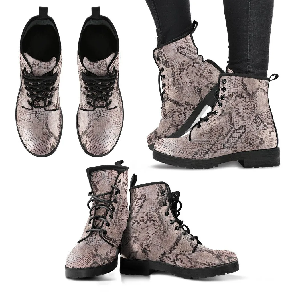 Fashion Combat Boots - Vintage Look Distressed Snake Skin Print #101 | Vegan Leather Snake Boots, Custom Shoes Women, Women's Boots, Unisex