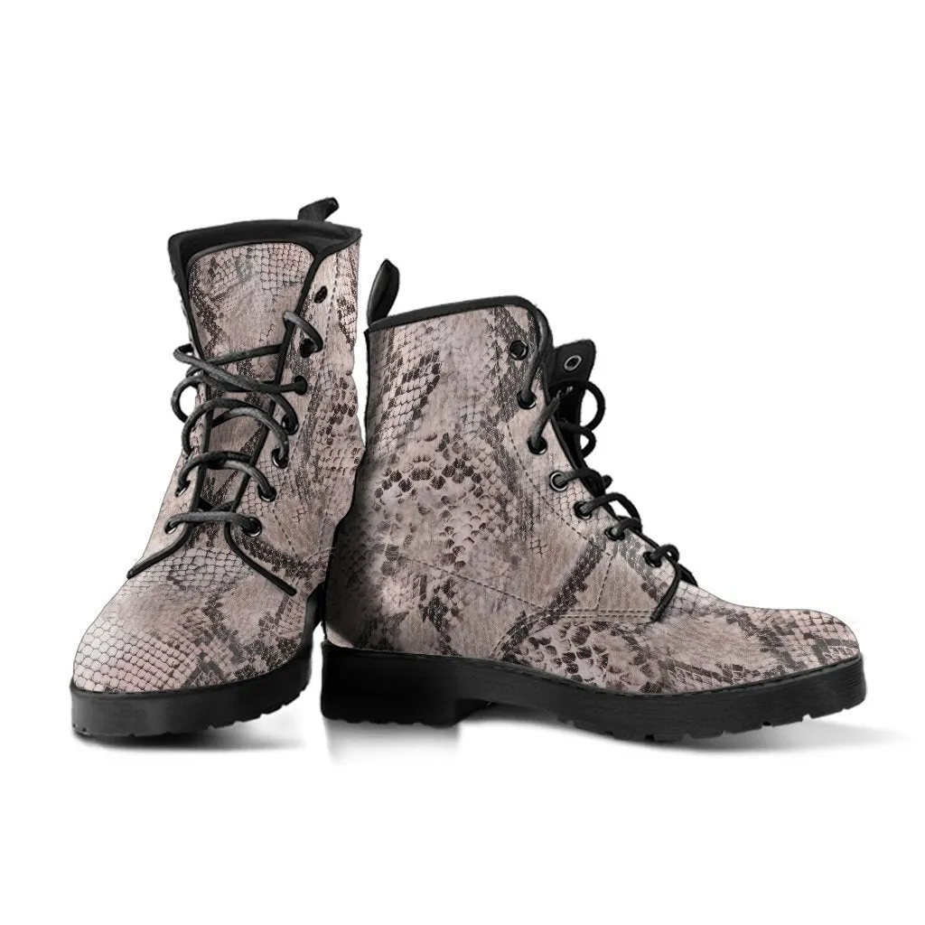 Fashion Combat Boots - Vintage Look Distressed Snake Skin Print #101 | Vegan Leather Snake Boots, Custom Shoes Women, Women's Boots, Unisex