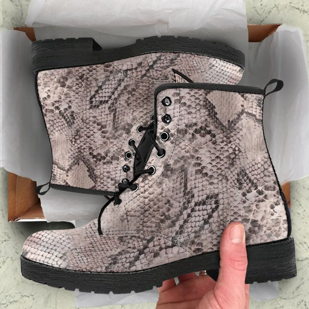 Fashion Combat Boots - Vintage Look Distressed Snake Skin Print #101 | Vegan Leather Snake Boots, Custom Shoes Women, Women's Boots, Unisex