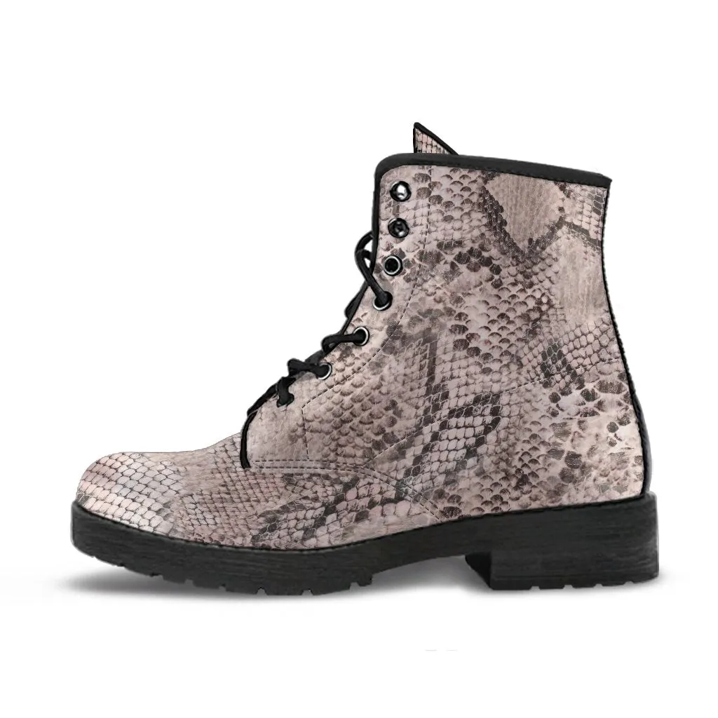 Fashion Combat Boots - Vintage Look Distressed Snake Skin Print #101 | Vegan Leather Snake Boots, Custom Shoes Women, Women's Boots, Unisex