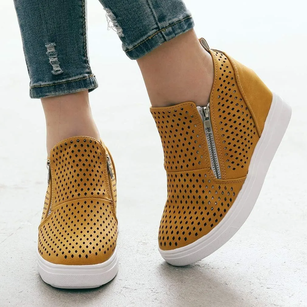 Gibobby Sneakers for Women Wide Width,Casual Slip On Lazy Shoes Breathable Hollow-Out Flat Loafers Wedge Shoes
