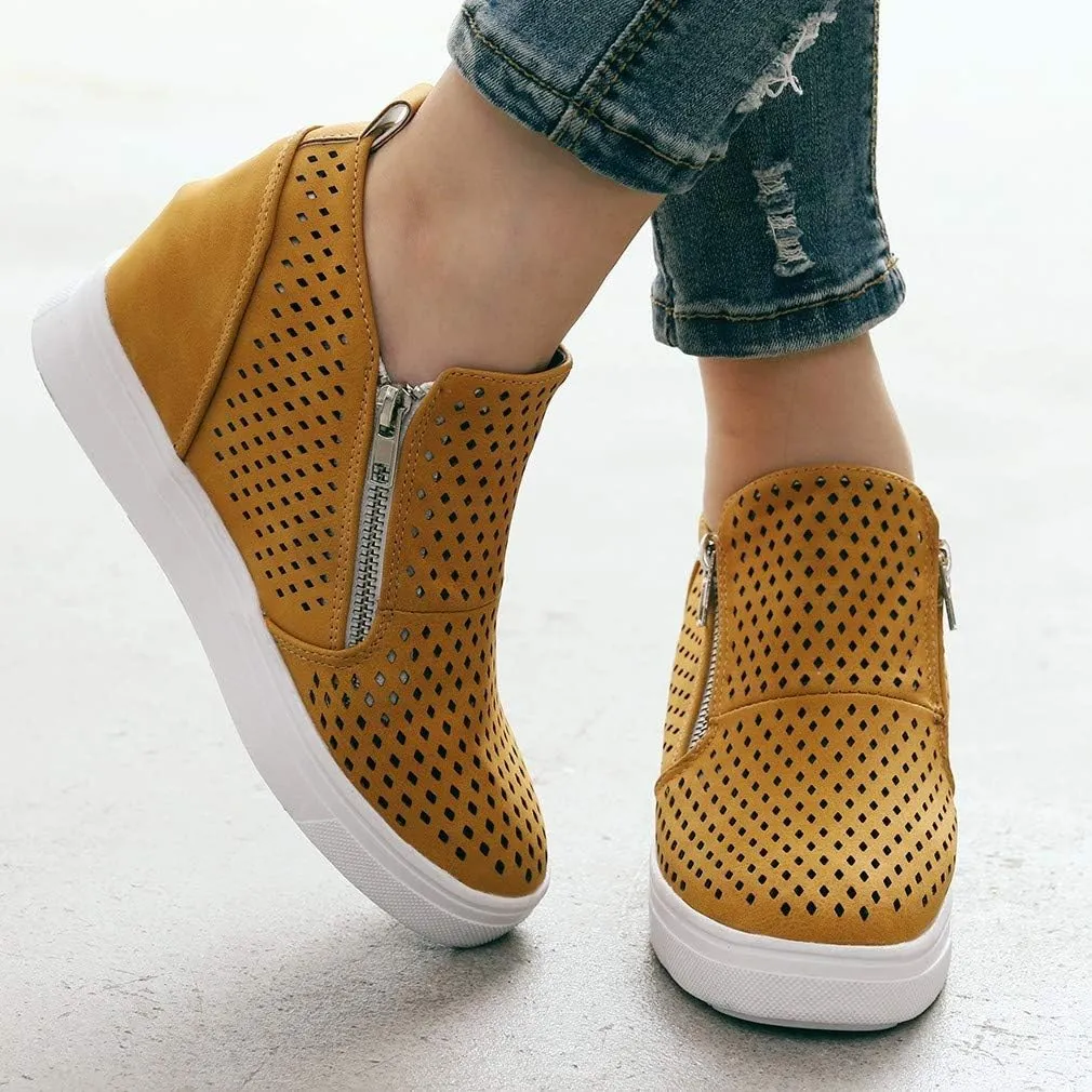 Gibobby Sneakers for Women Wide Width,Casual Slip On Lazy Shoes Breathable Hollow-Out Flat Loafers Wedge Shoes